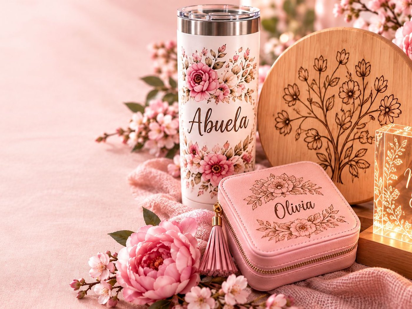 Personalized gifts styled with pink peonies: a floral tumbler engraved Abuela, an engraved wood round, a blush jewelry case engraved Olivia, and a glowing engraved keepsake