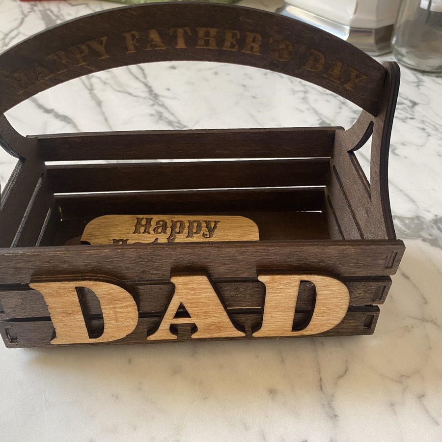 Stained wood caddy engraved Happy Father's Day with raised DAD letters
