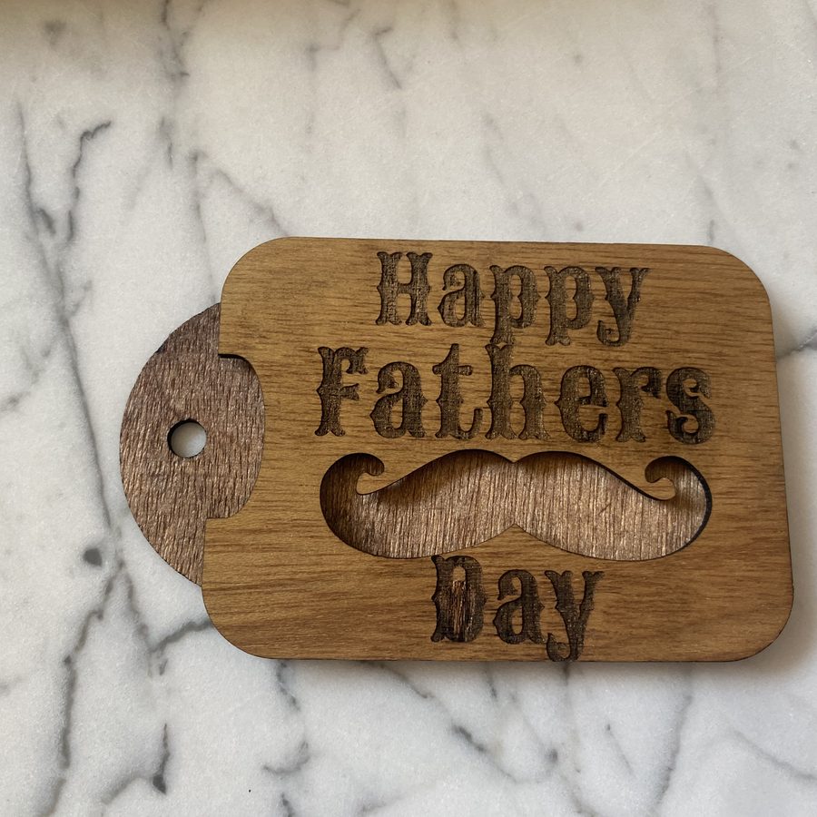Wooden Father's Day gift tag with a cut out moustache